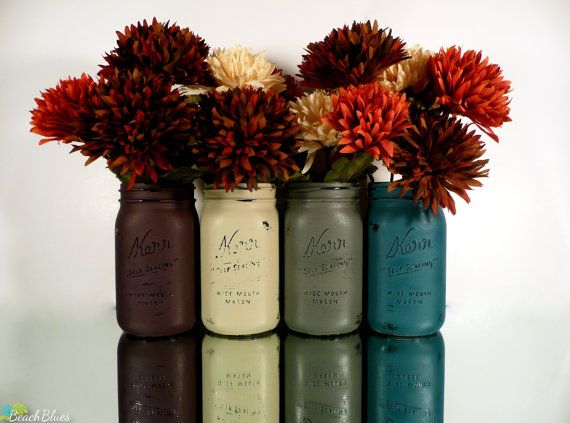 Mariage - Vintage Christmas Winter Home Decor - Centerpiece - Painted And Distressed Mason Jar - Vase