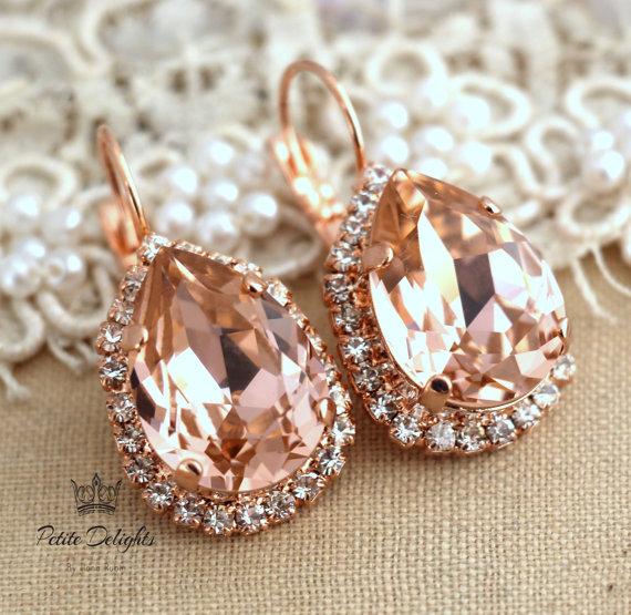 Wedding - Blush Pink teardrop Earrings,Blush Rose Gold Drop Earrings, Bridal earrings,Bridal Crystal earrings,Blush Dangle earrings Silver earrings
