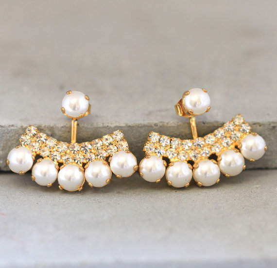 Wedding - Pearl Ear Jacket Earrings, Pearl Crystal Swarovski Ear Jacket Earrings, Crystal Earjacket Earrings For Brides,Bridal Clear Crystal Earrings
