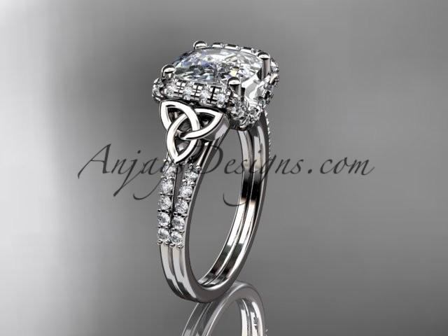 Wedding - 14kt white gold diamond celtic trinity knot wedding ring, engagement ring with Cushion Cut Moissanite CT7148