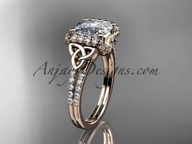 زفاف - 14kt rose gold diamond celtic trinity knot wedding ring, engagement ring with Cushion Cut Moissanite CT7148