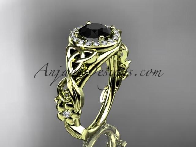 Wedding - 14kt yellow gold diamond celtic trinity knot wedding ring, engagement ring with a Black Diamond center stone CT7300