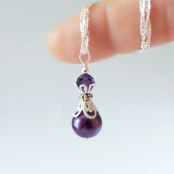 زفاف - Dark Purple Pearl Pendant Necklace Beaded Bridesmaid Jewelry, Sterling Silver Chain, 16 or 18 Inches, Matching Bridal Party, Jewelry Sets