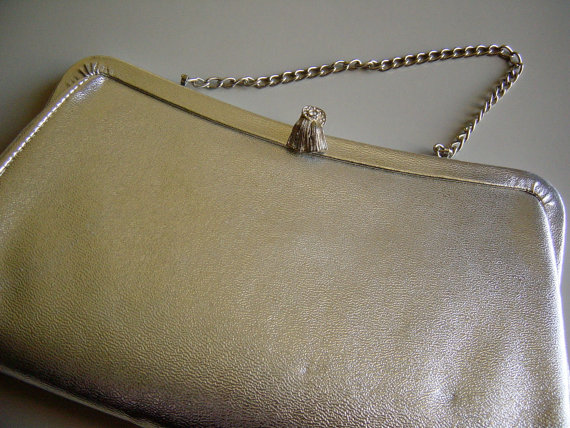 Wedding - Vintage 1940s 1950s Metallic Silver Leather Clutch Handbag Purse Wedding Bridal Mid Century