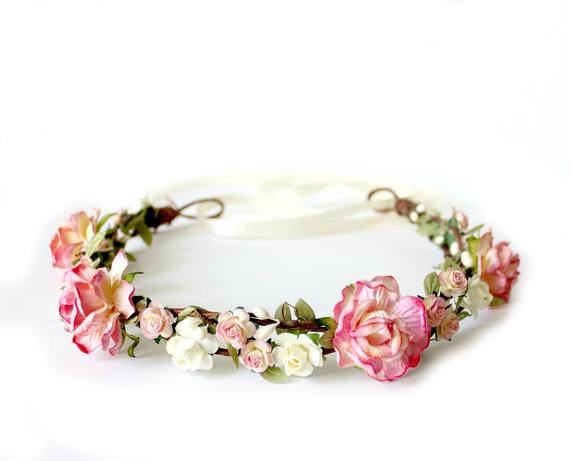 Wedding - Strawberry Pink Flower Crown, rustic wedding, Bohemian,Woodland, bridal hair accessories, summer, bridal headpiece, pink rose - WILD ROMANCE