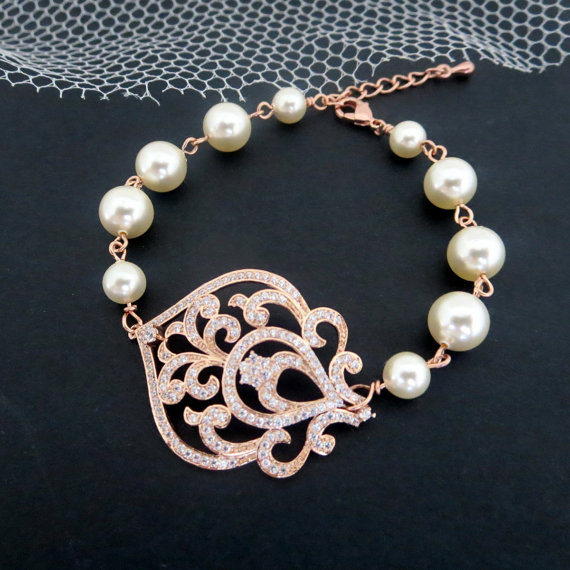 Свадьба - Rose Gold Bridal bracelet, Pearl Wedding bracelet, Wedding jewelry, Art Deco bracelet, Crystal bracelet, Rhinestone bracelet, AMELIA
