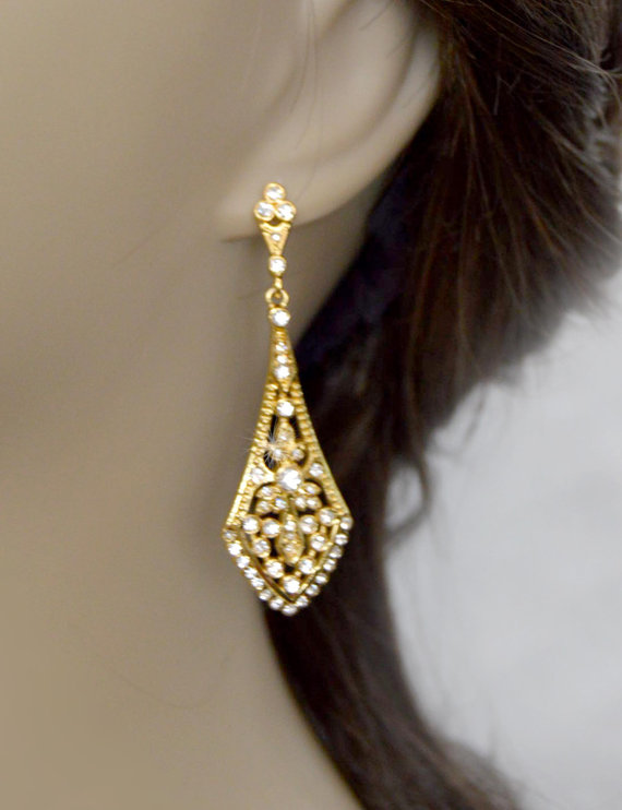 Hochzeit - Gold Bridal Chandelier earring, Gold wedding jewelry, Gold earrings, Crystal chandelier earrings,Art deco earrings,Bridal accessories