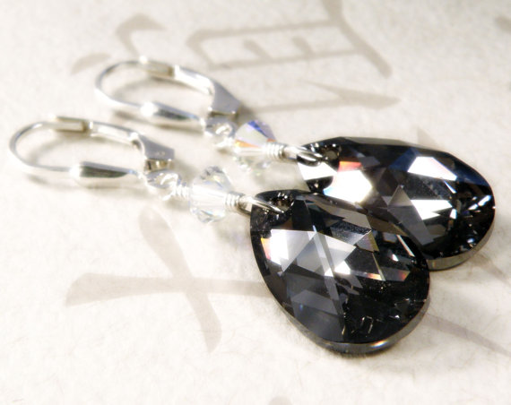 Wedding - Black Crystal Earrings, Teardrop Swarovski, Sterling Silver, Bridesmaid Wedding Bridal Party Handmade Jewelry, Fall Fashion, Ready to Ship