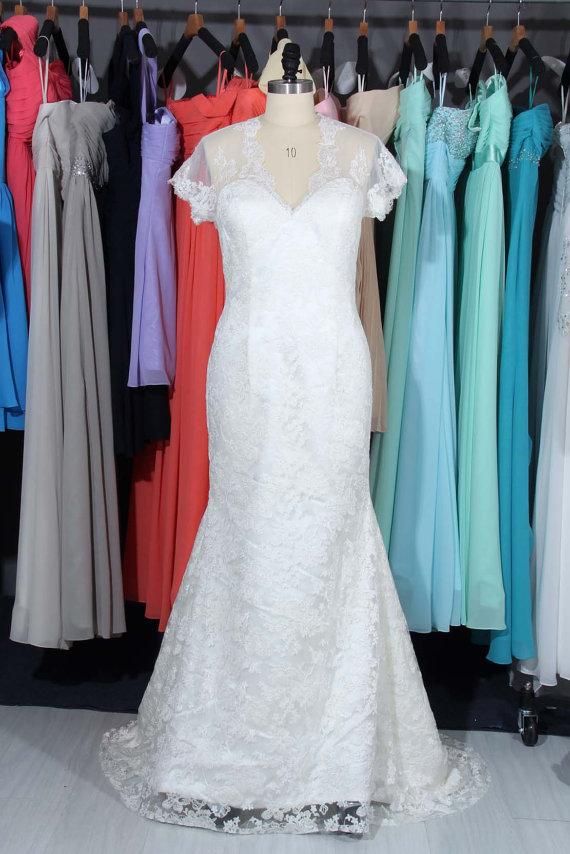 Wedding - V-neck Lace Wedding Dress With Scalloped Edge, Long Lace Dress