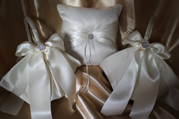 Hochzeit - 3pc Set-Ivory or White Satin Larger Flower Girl Baskets and Ring Bearer Pillow Ivory Satin Ribbon Rhinestone Accent-CUSTOM COLORS