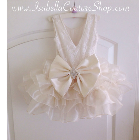 Wedding - Ivory Flower Girl Dress - ANGELA Lace Dress - Girls Lace Dress - Big Bow Dress - Tutu Dress - Wedding Dress by Isabella Couture