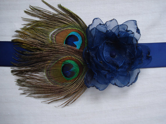 Wedding - Peacock Wedding Bridal Sash or Belt, Peacock and Flower Feather Sash, Custom Colored Peacock Satin Sash or Belt