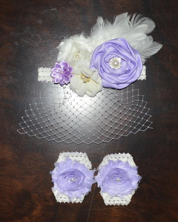 Wedding - Vintage Lavender and Ivory Shabby Chiffon Flower Veil Headband & Matching Barefoot Sandals Baby Toddler Christening Flower Girl Easter