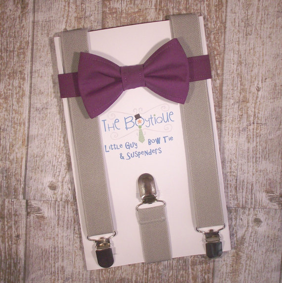 زفاف - Purple Bow Tie and Grey Suspenders, Toddler Suspenders, Baby Suspenders, Ring Bearer, Eggplant, Plum