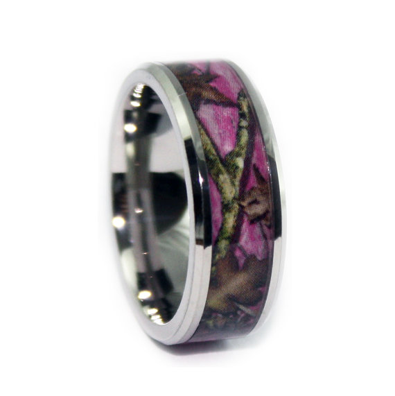 Hochzeit - Beveled Pink Camo Wedding Ring - Titanium Camouflage Engagement Ring - Camo Ring - Birthday Gift