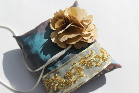 Hochzeit - Wedding Bridal Lace Ring Bearer Pillow, Flower Bloom, Wedding Accessories,  Blue Bridal Pillow Gold  Embroidery