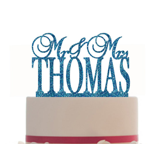 Hochzeit - Custom Wedding Cake Topper Monogram Mr and Mrs Topper Personalized With Your Last Name, choice of color and a FREE base for display