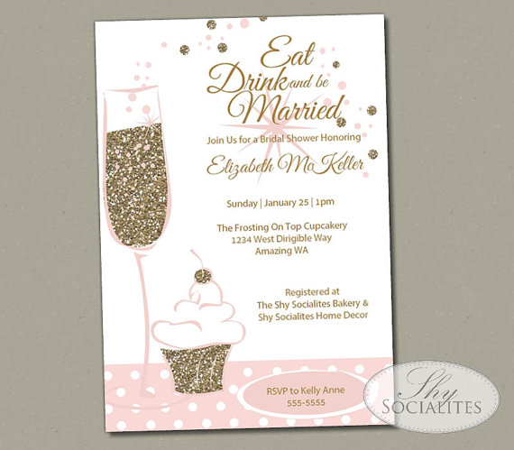 Mariage - Glitter Cupcake and Champage Invitation / Cupcake and Champagne Engagement / Bridal Shower/ Blush and Gold / PDF Printable/ 21st Birthday
