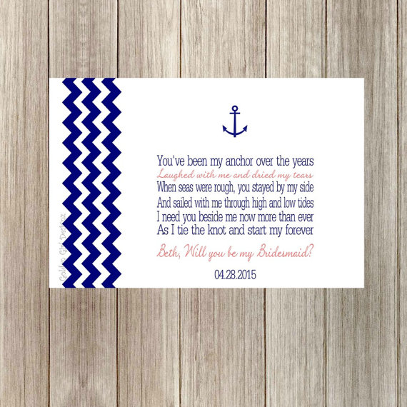Wedding - DIY Printable Chevron Anchor/Nautical Will You Be My Bridesmaid Poem Card Personalized with Names & Wedding Date-Print Your Own-Digital File