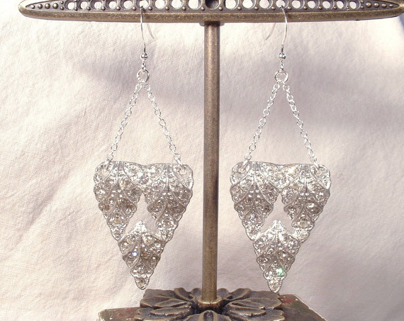 Mariage - 1920s Sterling Silver Clear Rhinestone Drop Earrings, Vintage Leaf Fur Dress Clip Bridal Earrings Art Deco Flapper Dangle Statement Jewelry