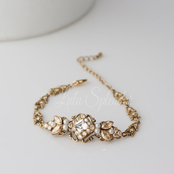 Hochzeit - Wedding Bracelet Antique Gold Bridal bracelet Swarovski Golden Shadow Crystal Pearl Vintage Art Deco Style Wedding Jewelry KATRINA VINTAGE