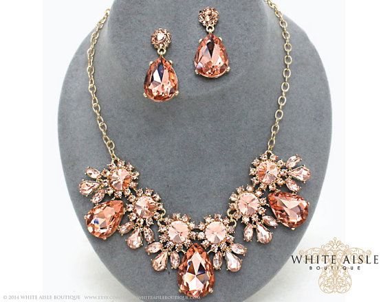 Mariage - Peach Bridal Statement Necklace Set, Crystal Wedding Jewelry Set, Vintage Inspired Necklace, Rhinestone Necklace, Bridal Necklace
