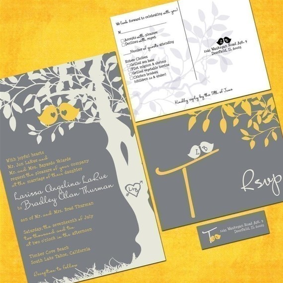 Свадьба - Custom Wedding Invitations, Love Birds, Gray and Yellow Wedding Invites, Set of 100