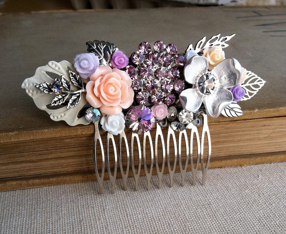 Свадьба - summer wedding, garden, lilac,flower comb, flower headpiece, purple hair accessories, Bridal hair comb, purple peach lilac flower lavender