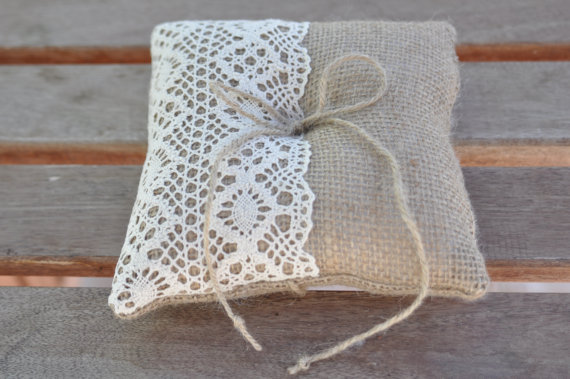 Wedding - Burlap ring pillow  Burlap Ring Bearer Pillow with Ivory Cotton lace Ring cushion Woodland / Rustic / Cottage style Weddings