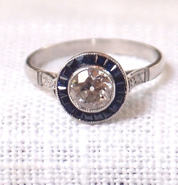Mariage - Platinum Art Deco Diamond and Sapphire Engagement Ring 1.6 Carats