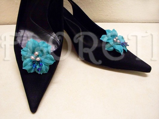 زفاف - Turquoise Something Blue Camellia Bridal Shoe Clips w Pearls Crystals