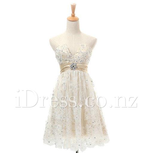 Свадьба - Scalloped Strapless Beaded Lace V Cutout Sexy Short Prom Dress