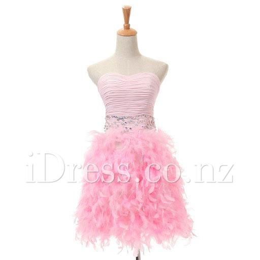 زفاف - Cute Strapless Sweetheart Beaded Ruffled Pink Short Prom Dress