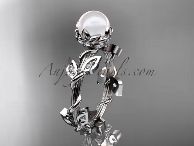 Свадьба - 14kt white gold diamond leaf and vine, floral pearl wedding ring, engagement ring AP20