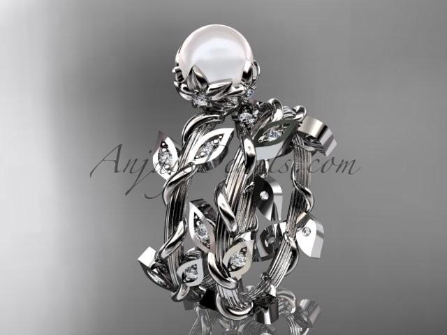 Mariage - Platinum diamond leaf and vine, floral pearl wedding set, engagement set AP20S