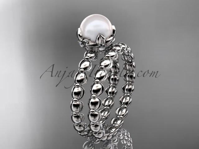 Hochzeit - Platinum diamond leaf and vine, floral pearl wedding set, engagement set AP34S