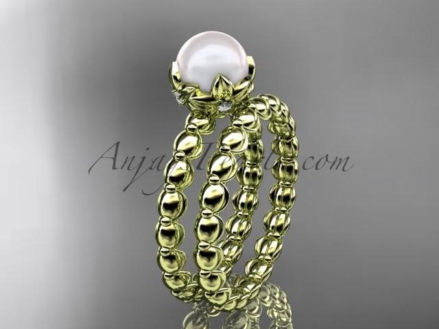 زفاف - 14kt yellow gold diamond leaf and vine, floral pearl wedding set, engagement set AP34S