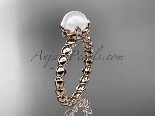 Wedding - 14kt rose gold diamond leaf and vine, floral pearl wedding ring, engagement ring AP34