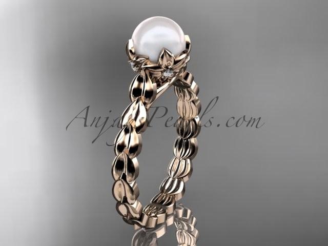 Mariage - 14kt rose gold diamond leaf and vine, floral pearl wedding ring, engagement ring AP35
