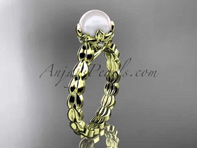زفاف - 14kt yellow gold diamond leaf and vine, floral pearl wedding ring, engagement ring AP35