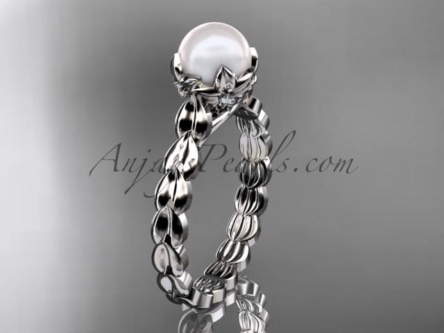 زفاف - Platinum diamond leaf and vine, floral pearl wedding ring, engagement ring AP35
