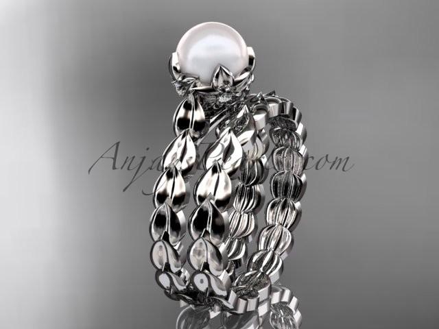 Mariage - Platinum diamond leaf and vine, floral pearl wedding set, engagement set AP35S