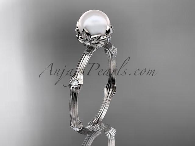 Wedding - 14k white gold diamond pearl vine and leaf engagement ring AP38