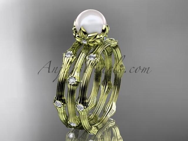 زفاف - 14k yellow gold diamond pearl vine and leaf engagement ring with double matching band AP38S