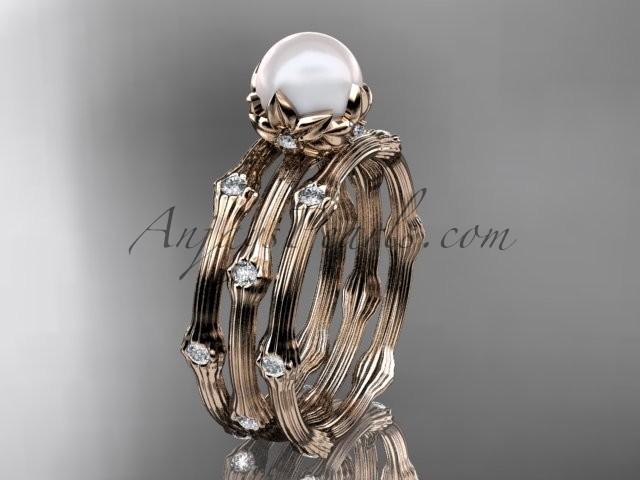 زفاف - 14k rose gold diamond pearl vine and leaf engagement ring with double matching band AP38S
