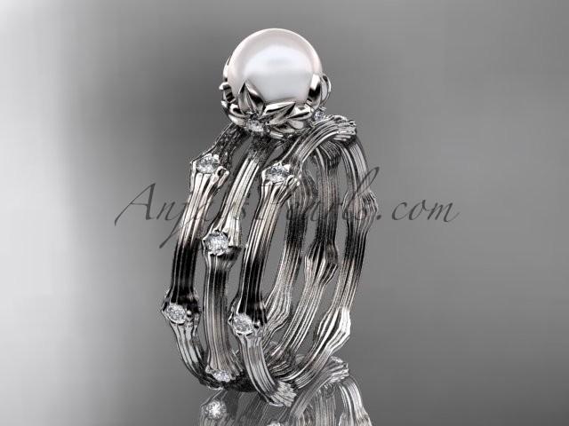 زفاف - 14k white gold diamond pearl vine and leaf engagement ring with double matching band AP38S