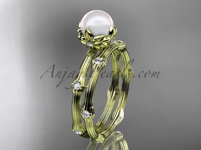 زفاف - 14k yellow gold diamond pearl vine and leaf engagement set AP38S