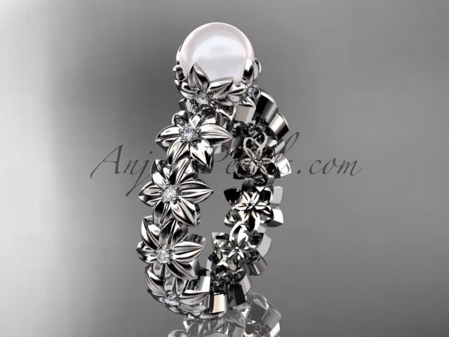Wedding - 14k white gold diamond pearl vine and leaf engagement ring AP57