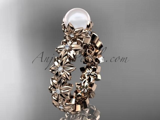 Wedding - 14k rose gold diamond pearl vine and leaf engagement ring AP57
