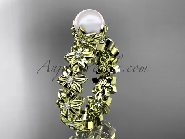 Hochzeit - 14k yellow gold diamond pearl vine and leaf engagement ring AP57